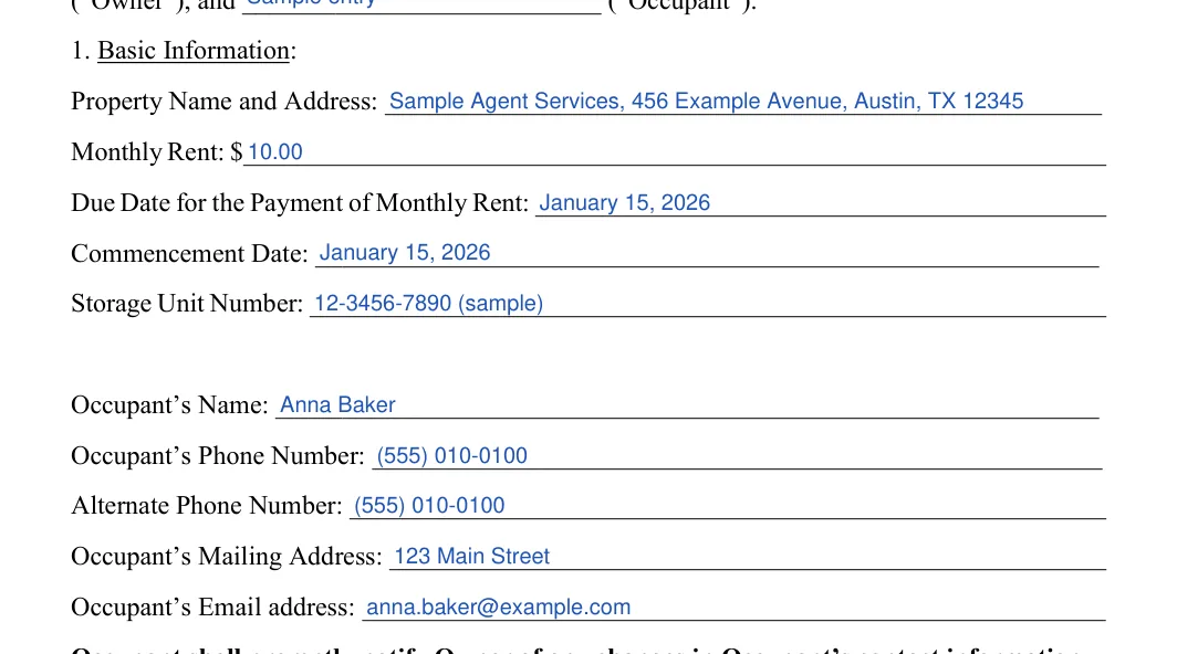 Storage Rental Agreement: 1. Basic Information, filled with sample entries