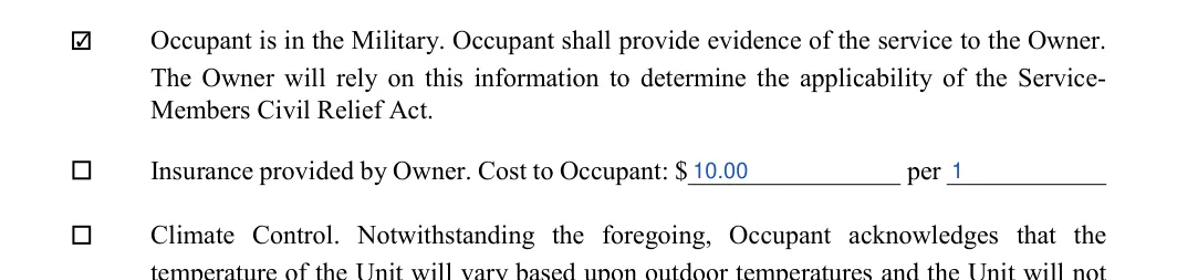 Storage Rental Agreement: Initial, Sum and more, filled with sample entries