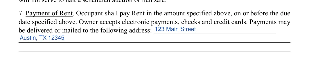 Storage Rental Agreement: Address, filled with sample entries