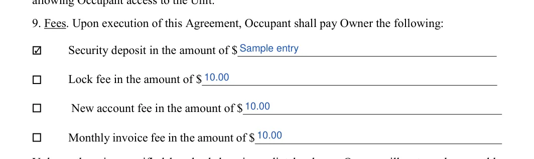 Storage Rental Agreement: Security deposit, Initial and more, filled with sample entries