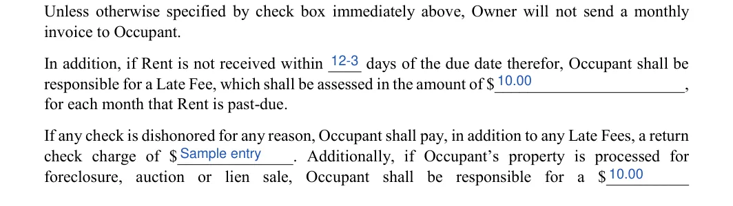 Storage Rental Agreement: Number of days, Late fee and more, filled with sample entries