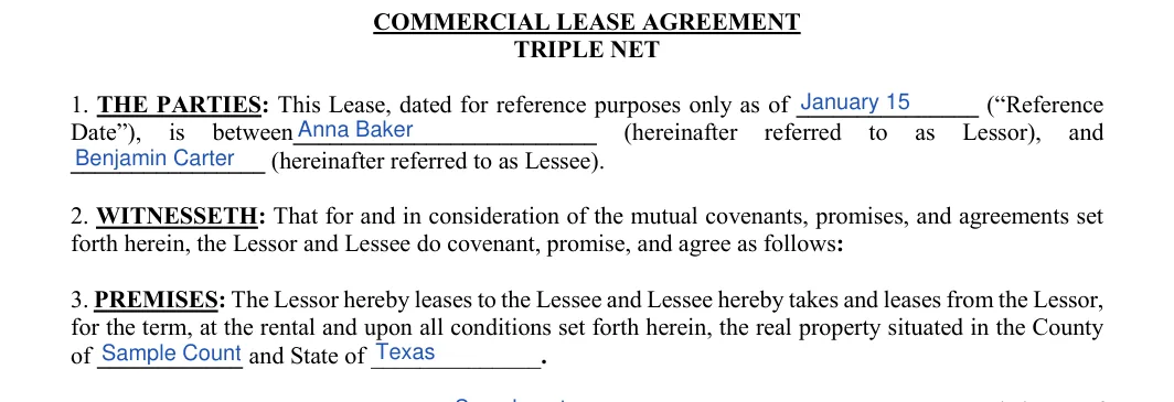 Triple Net Lease Agreement: TRIPLE NET, filled with sample entries