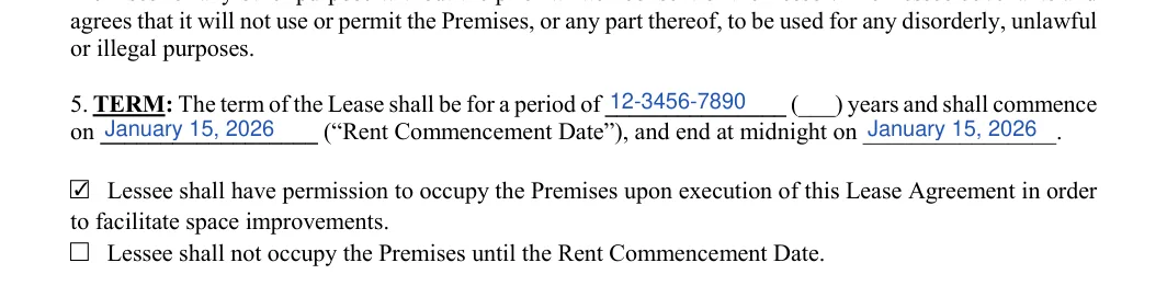 Triple Net Lease Agreement: Number, Rent commencement date and more, filled with sample entries
