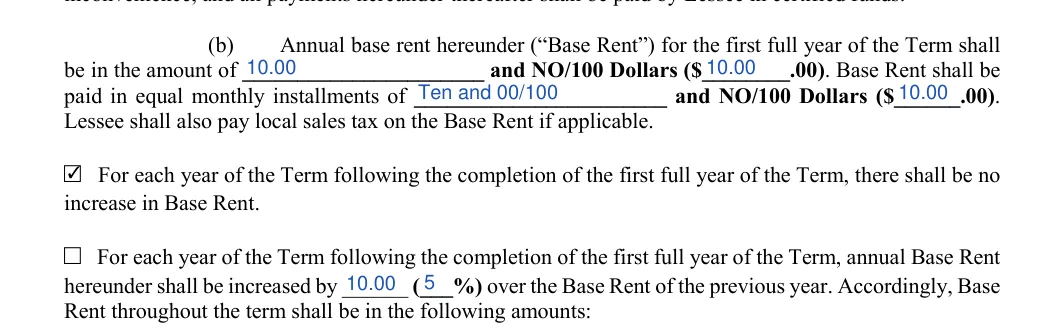Triple Net Lease Agreement: Base rent, Sum and more, filled with sample entries