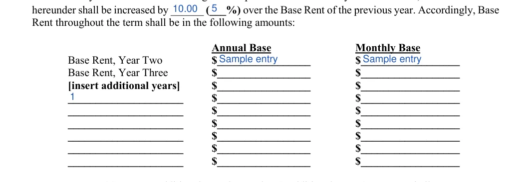 Triple Net Lease Agreement: Rent throughout the term shall be in the following amounts, filled with sample entries