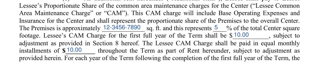 Triple Net Lease Agreement: Number of square feet, Percent and more, filled with sample entries