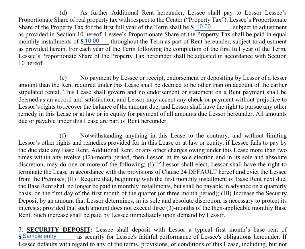 Triple Net Lease Agreement: Sum, filled with sample entries
