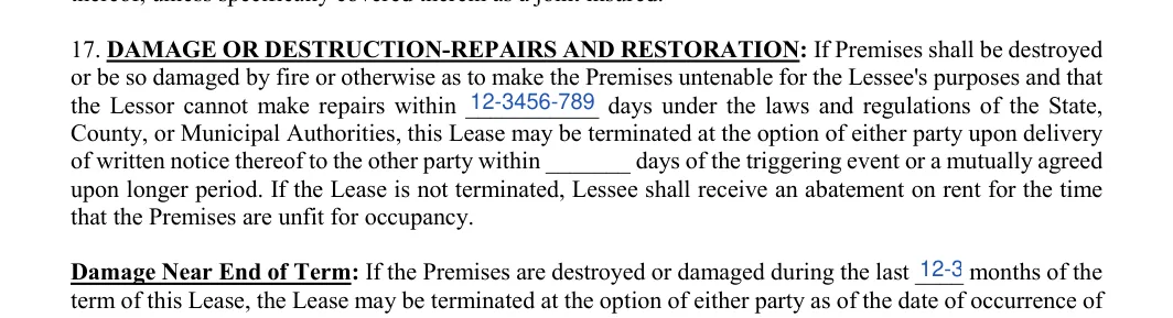 Triple Net Lease Agreement: Number of days, Number of months, filled with sample entries