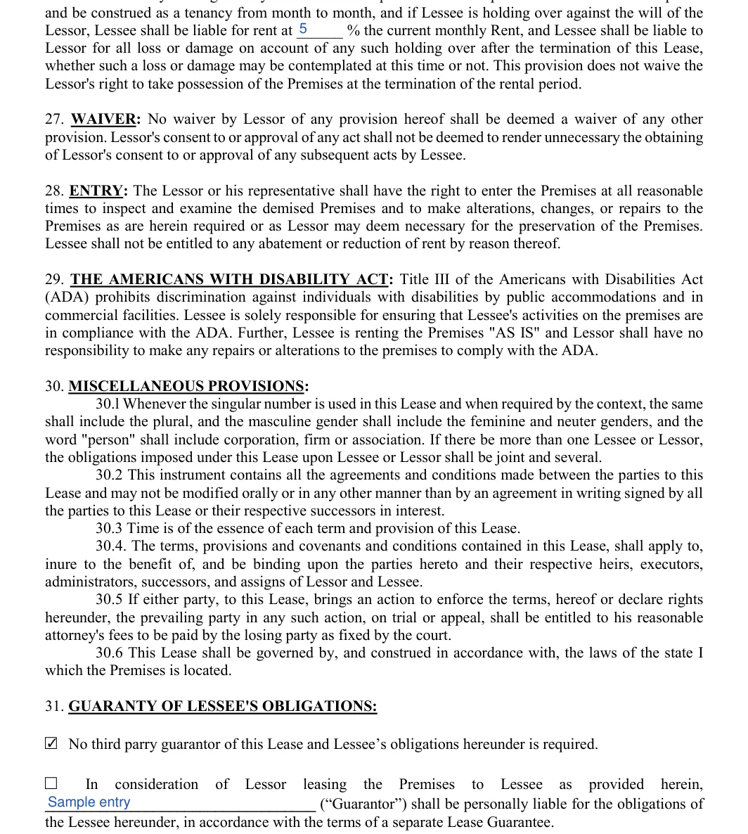 Triple Net Lease Agreement: 31. GUARANTY OF LESSEE'S OBLIGATIONS, filled with sample entries