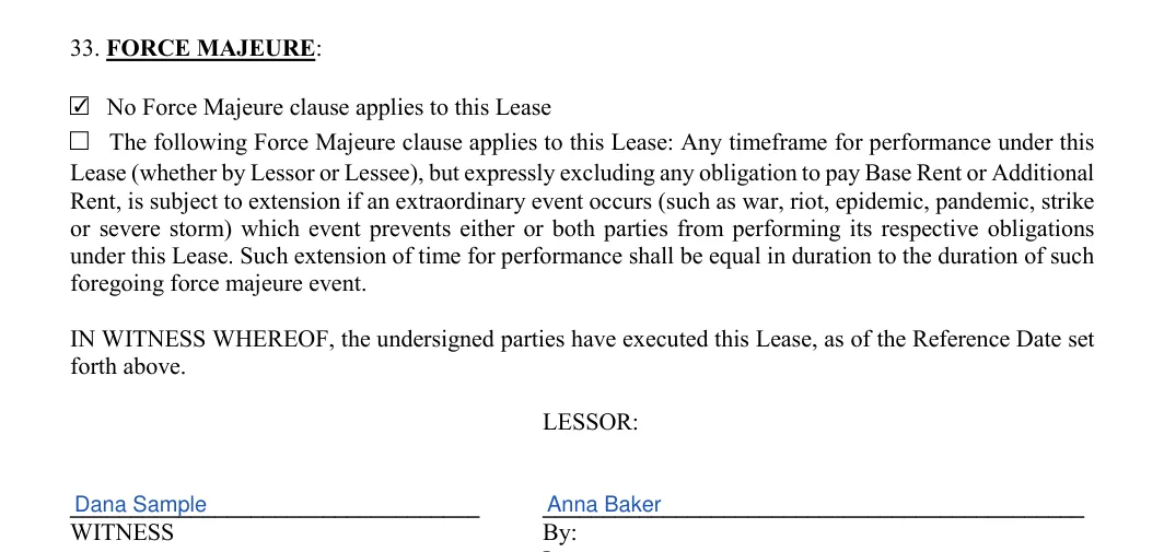 Triple Net Lease Agreement: 33. FORCE MAJEURE, filled with sample entries
