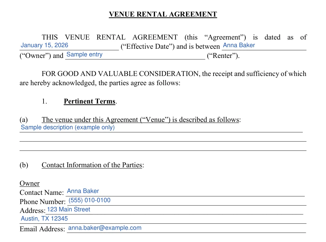 Venue Rental Agreement: VENUE RENTAL AGREEMENT, filled with sample entries