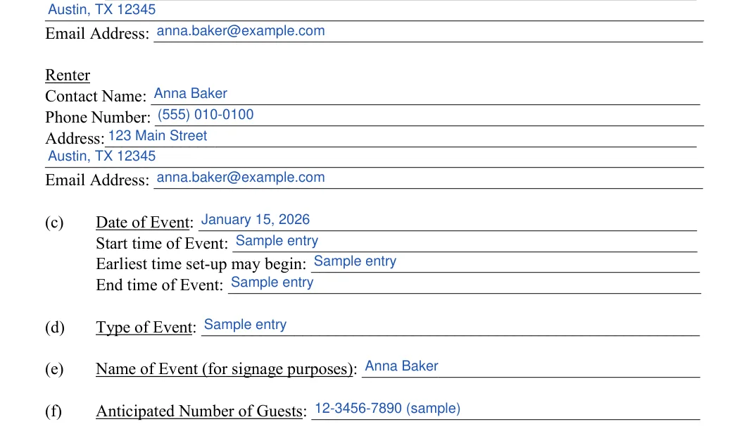 Venue Rental Agreement: Contact name, Phone number 1 and more, filled with sample entries
