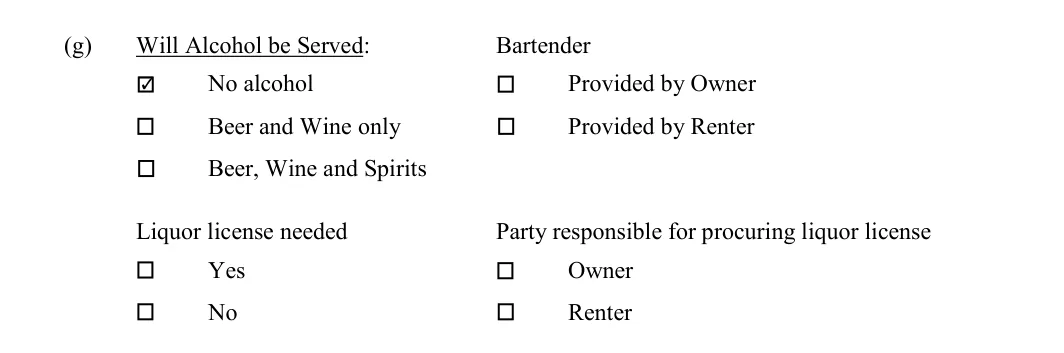 Venue Rental Agreement: Will Alcohol be Served, filled with sample entries