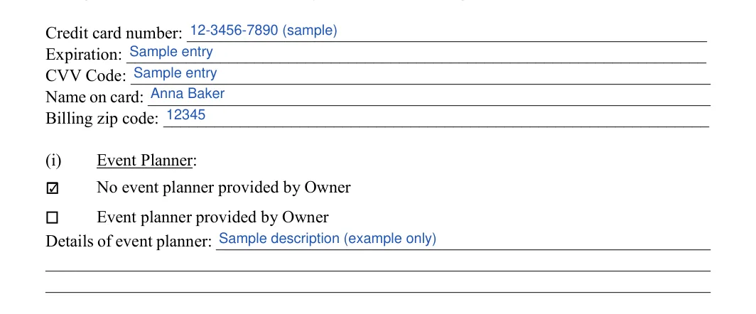 Venue Rental Agreement: Event Planner, filled with sample entries
