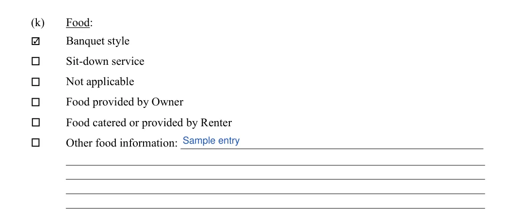 Venue Rental Agreement: Food, filled with sample entries