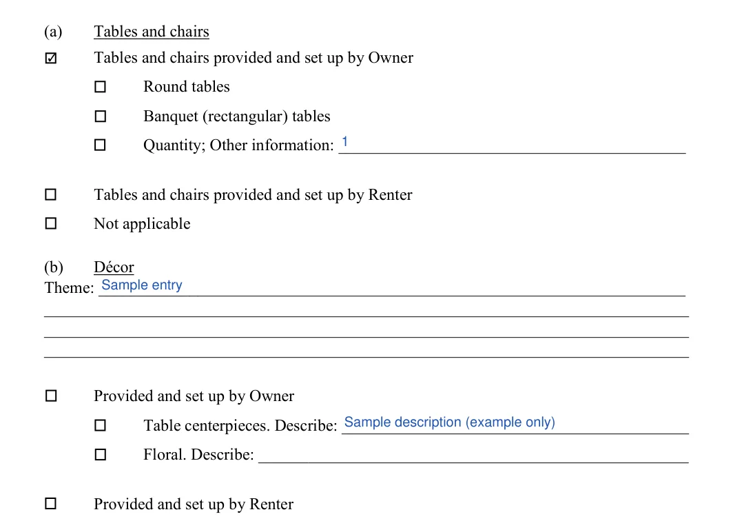 Venue Rental Agreement: Initial, Quantity; other information and more, filled with sample entries