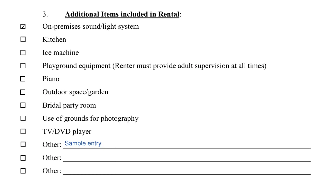 Venue Rental Agreement: Additional Items included in Rental, filled with sample entries
