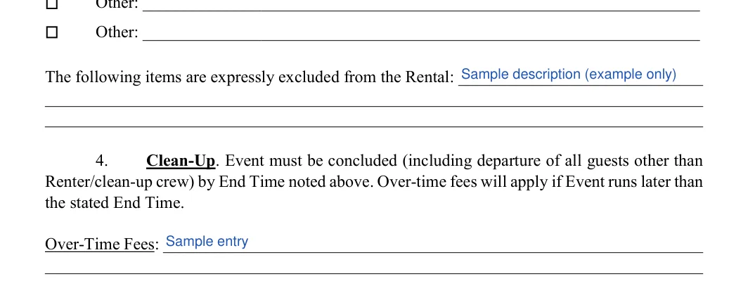 Venue Rental Agreement: Excluded items, filled with sample entries