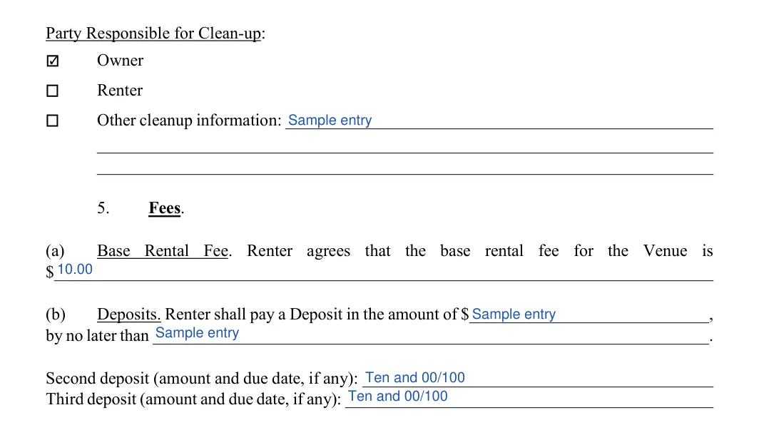 Venue Rental Agreement: Party Responsible for Clean-up, filled with sample entries