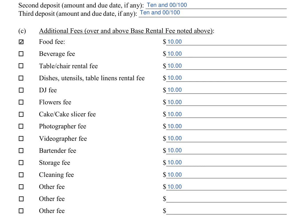Venue Rental Agreement: Food fee, Initial and more, filled with sample entries