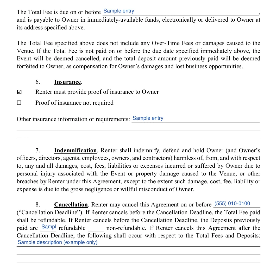 Venue Rental Agreement: On or before, filled with sample entries