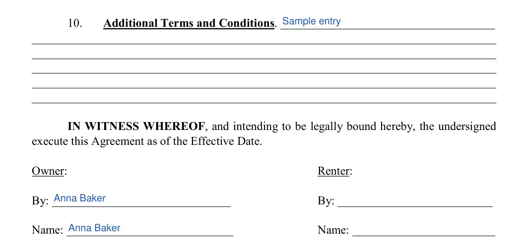 Venue Rental Agreement: Owner, filled with sample entries