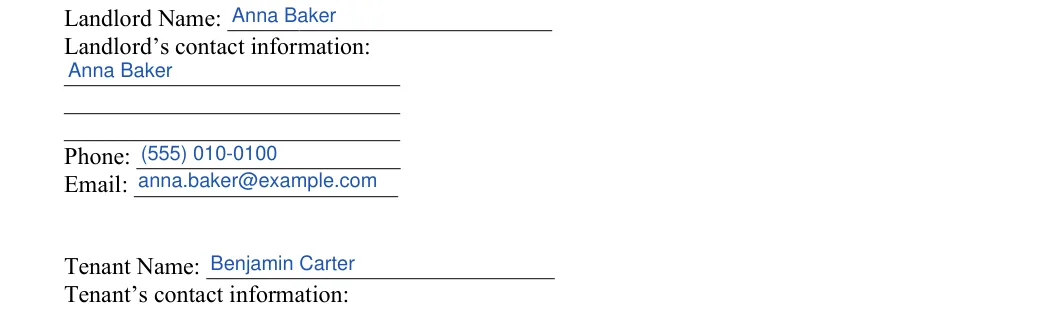 Condo Lease Agreement: Landlord’s contact information, filled with sample entries