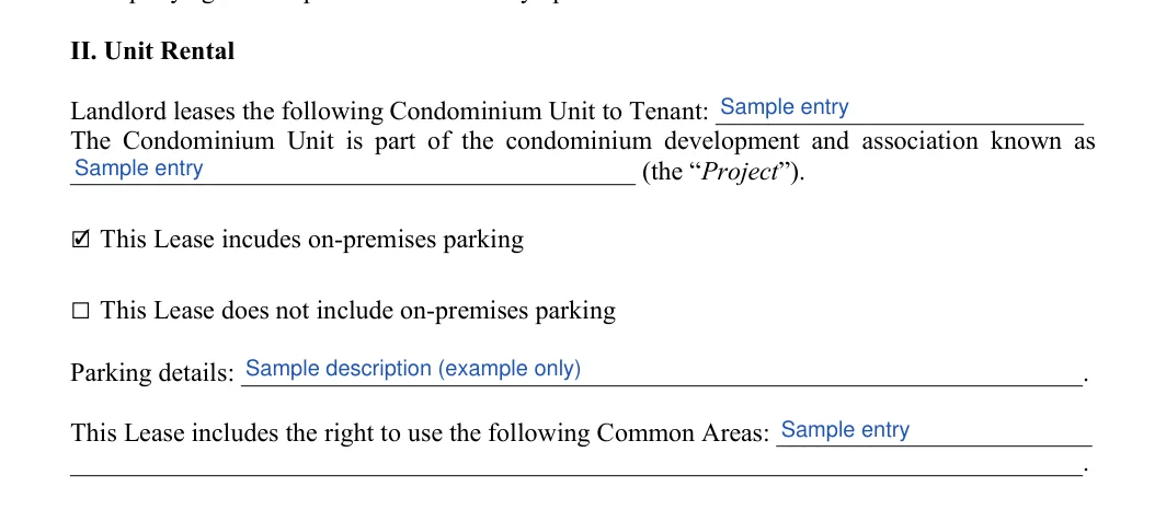 Condo Lease Agreement: II. Unit Rental, filled with sample entries