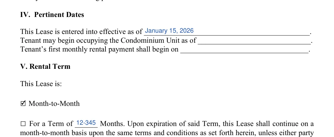 Condo Lease Agreement: IV. Pertinent Dates, filled with sample entries