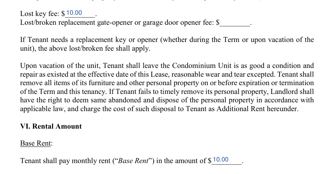Condo Lease Agreement: Base Rent, filled with sample entries