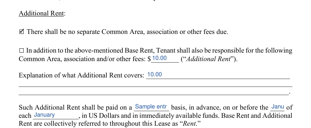 Condo Lease Agreement: Additional Rent, filled with sample entries
