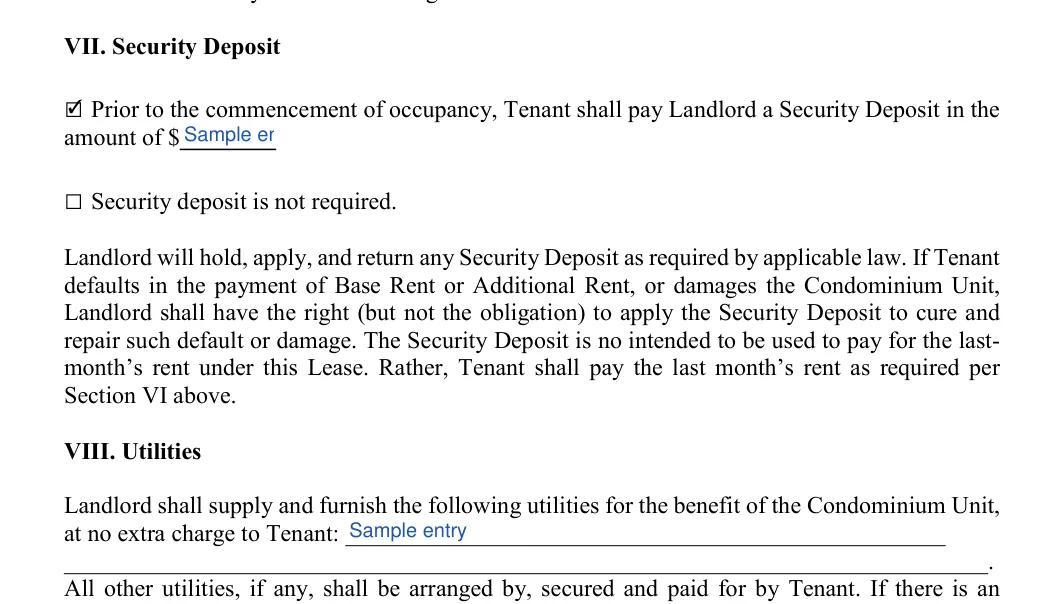 Condo Lease Agreement: VII. Security Deposit, filled with sample entries