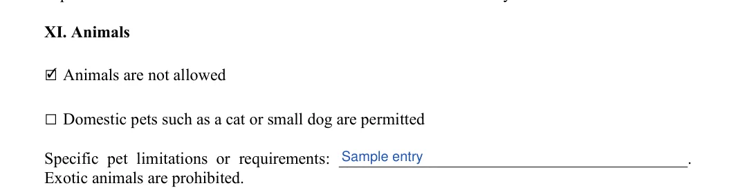 Condo Lease Agreement: XI. Animals, filled with sample entries