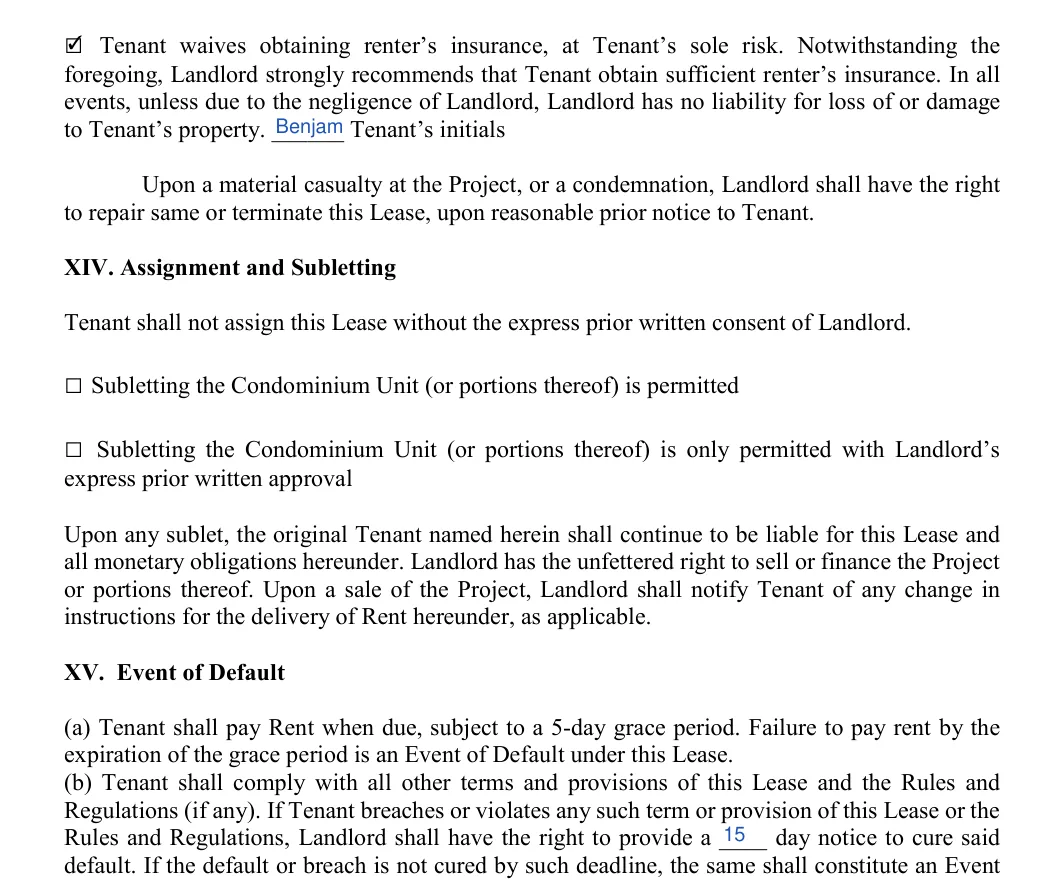 Condo Lease Agreement: XIV. Assignment and Subletting, filled with sample entries