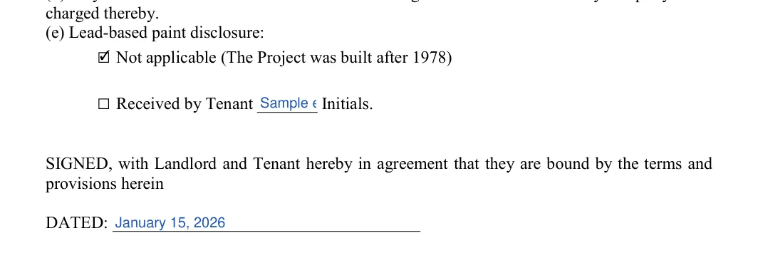 Condo Lease Agreement: (e) Lead-based paint disclosure, filled with sample entries