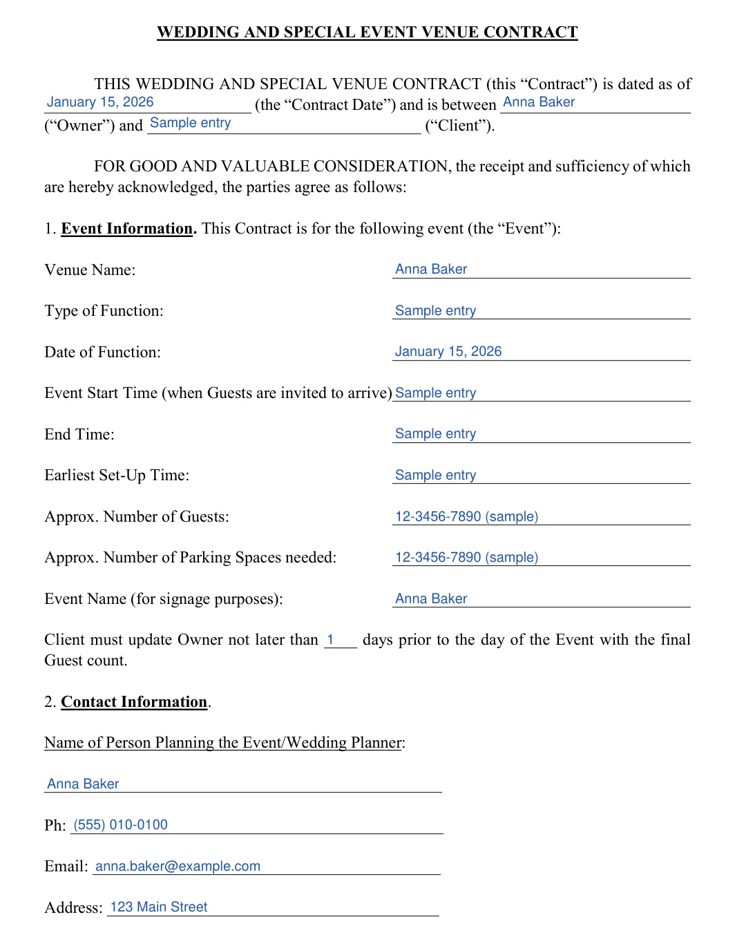 Wedding Venue Contract: WEDDING AND SPECIAL EVENT VENUE CONTRACT, filled with sample entries