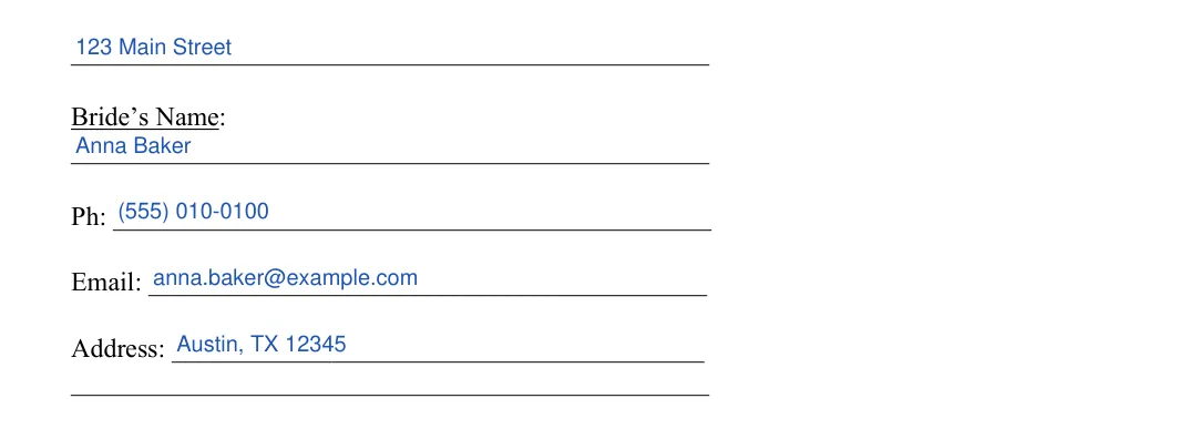 Wedding Venue Contract: Bride’s Name, filled with sample entries