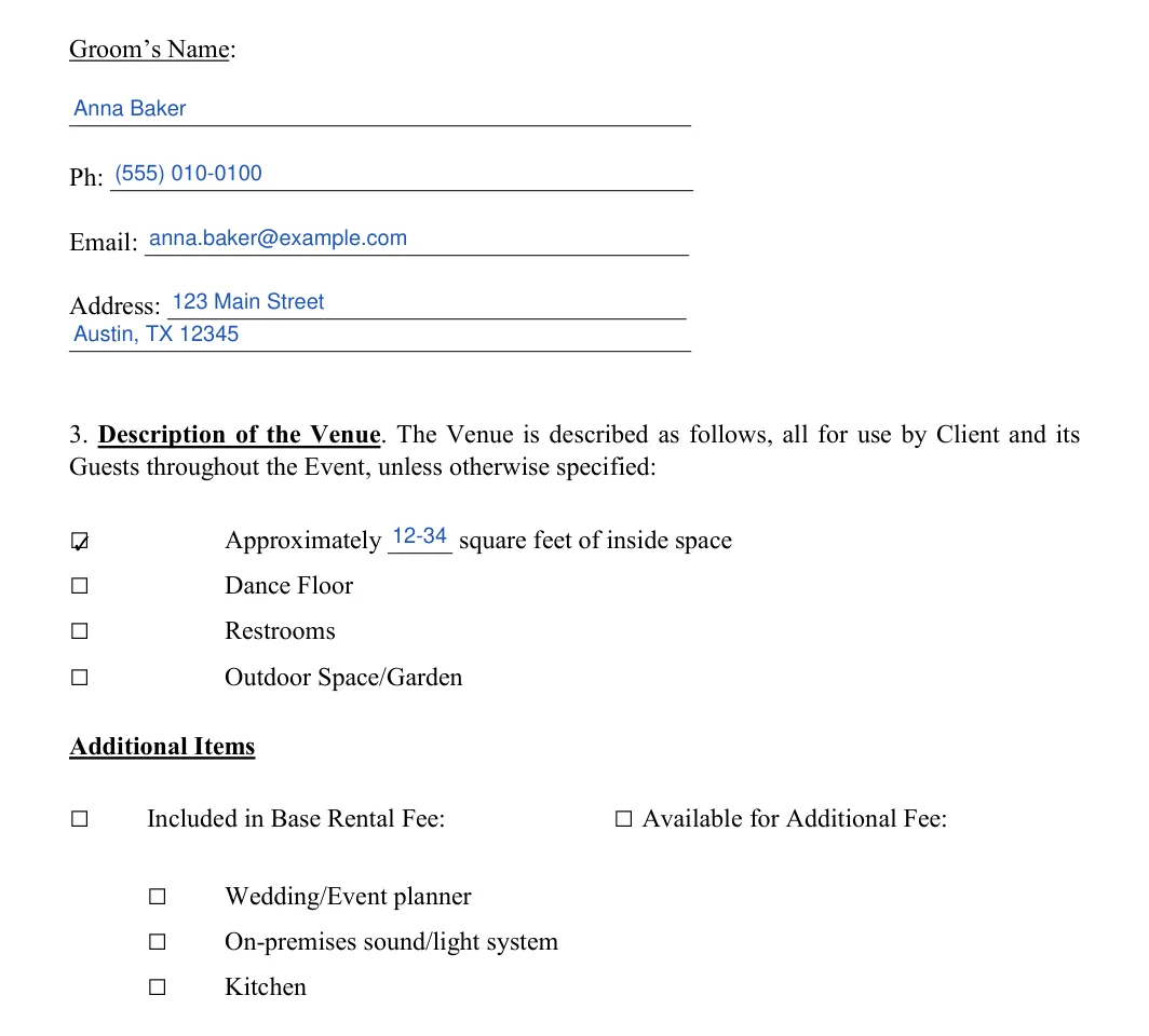 Wedding Venue Contract: Groom’s Name, filled with sample entries