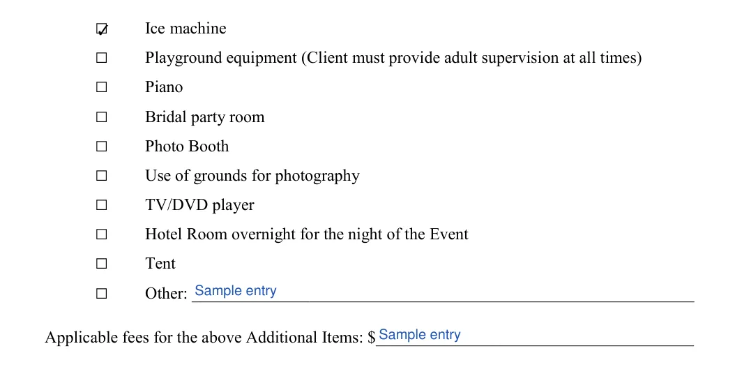 Wedding Venue Contract: Initial, Other and more, filled with sample entries