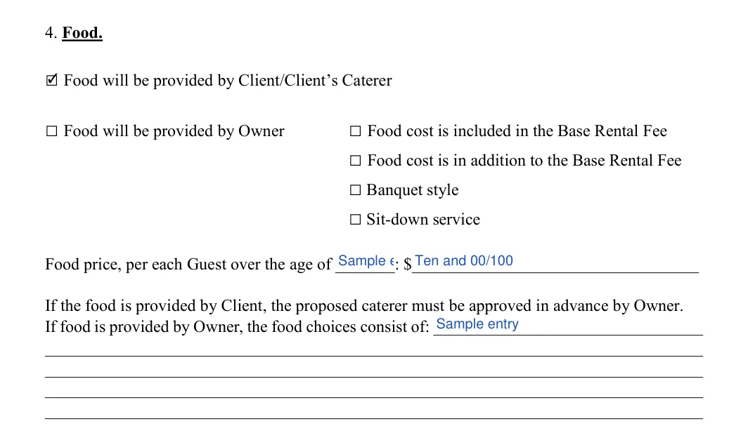 Wedding Venue Contract: 4. Food, filled with sample entries
