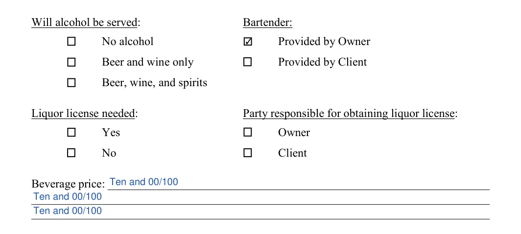 Wedding Venue Contract: Bartender, filled with sample entries