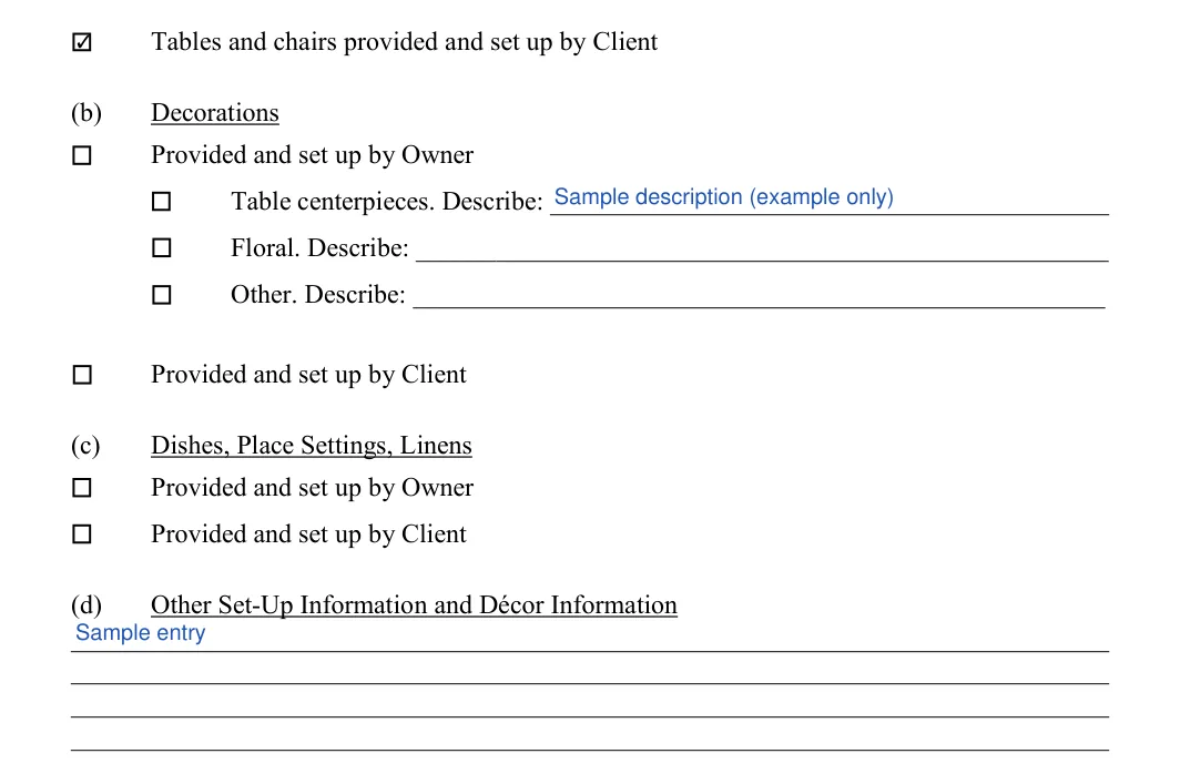 Wedding Venue Contract: Initial, Description and more, filled with sample entries