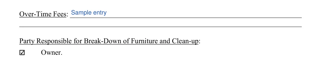 Wedding Venue Contract: Party Responsible for Break-Down of Furniture and Clean-up, filled with sample entries