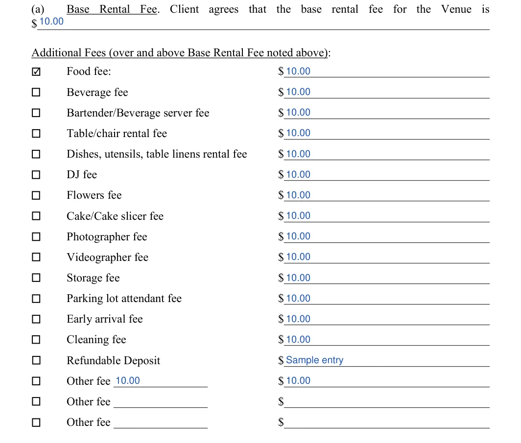 Wedding Venue Contract: Food fee, Initial and more, filled with sample entries