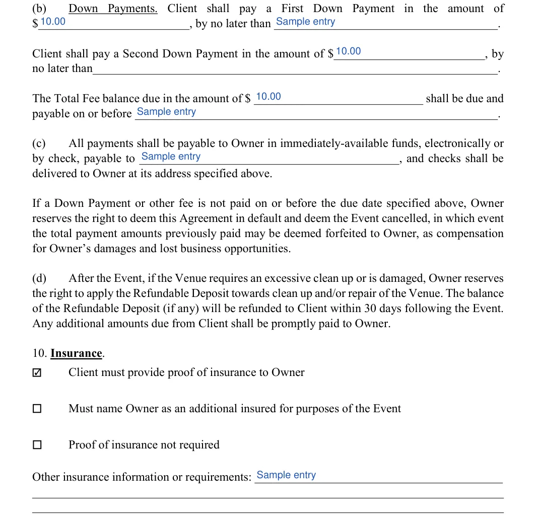 Wedding Venue Contract: 10. Insurance, filled with sample entries