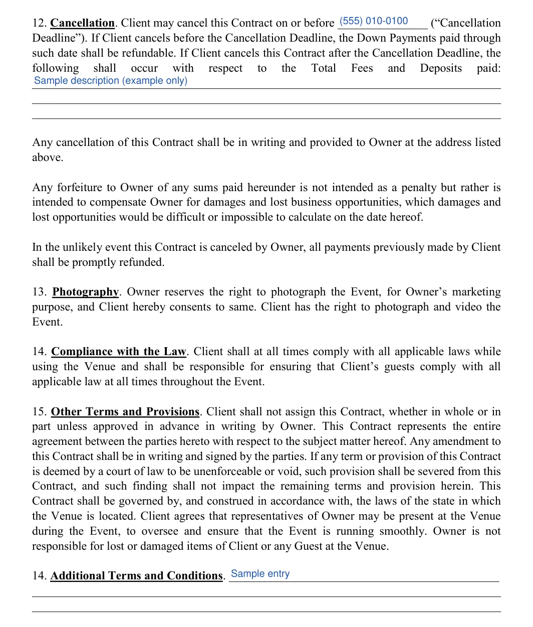 Wedding Venue Contract: paid, filled with sample entries