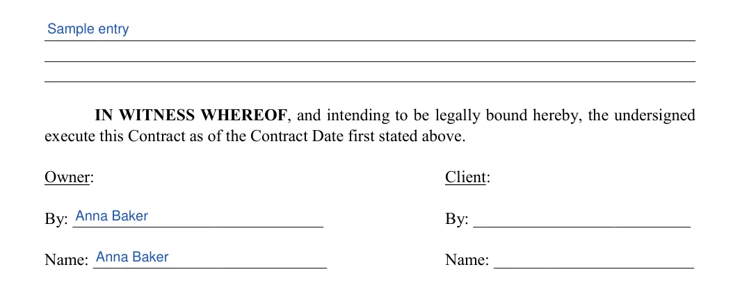 Wedding Venue Contract: Client, filled with sample entries