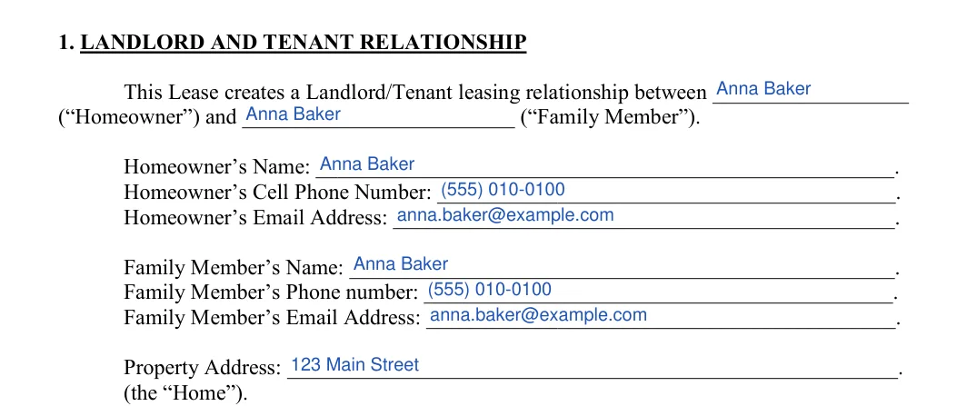 Family Member Rental Agreement: 1. LANDLORD AND TENANT RELATIONSHIP, filled with sample entries