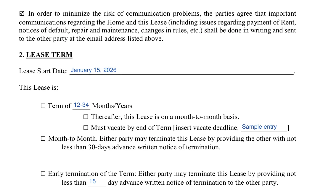 Family Member Rental Agreement: 2. LEASE TERM, filled with sample entries