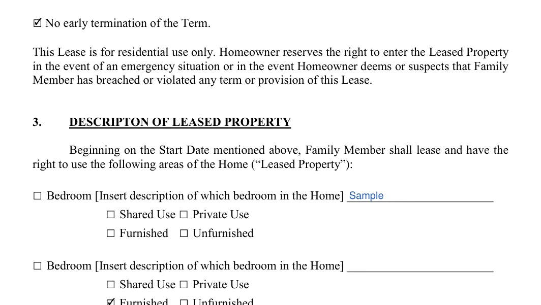 Family Member Rental Agreement: DESCRIPTON OF LEASED PROPERTY, filled with sample entries